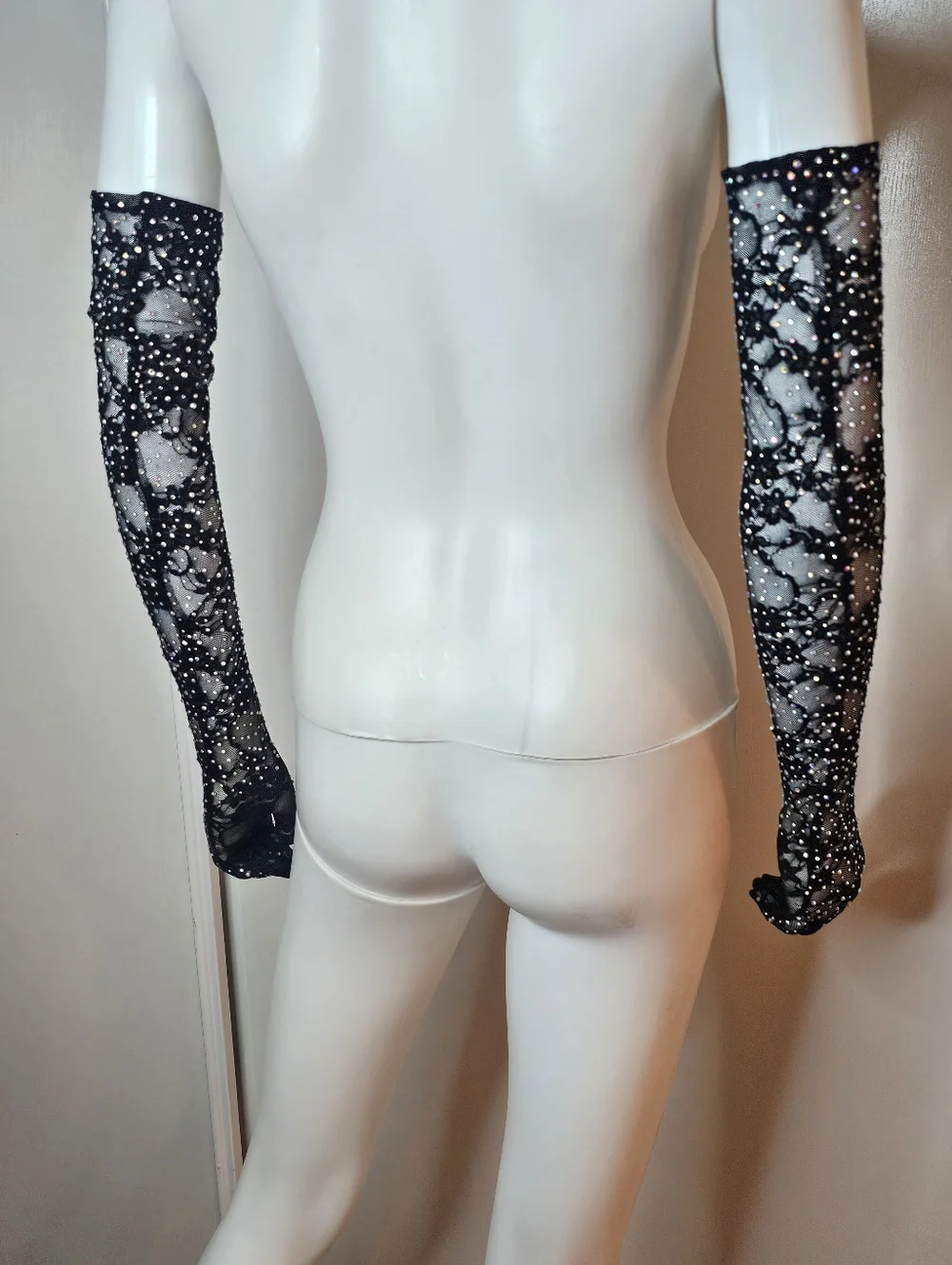Womens Bedazzled Black Floral Sheer Lace Long Opera Gloves with Sparkle